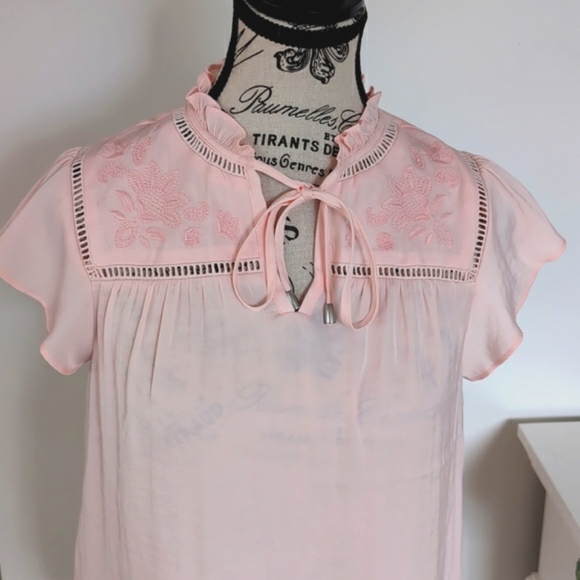 JOIE | Women's Light Pink Flutter Sleeve Floral Embroidered Tie Up Blouse - Picture 5 of 7